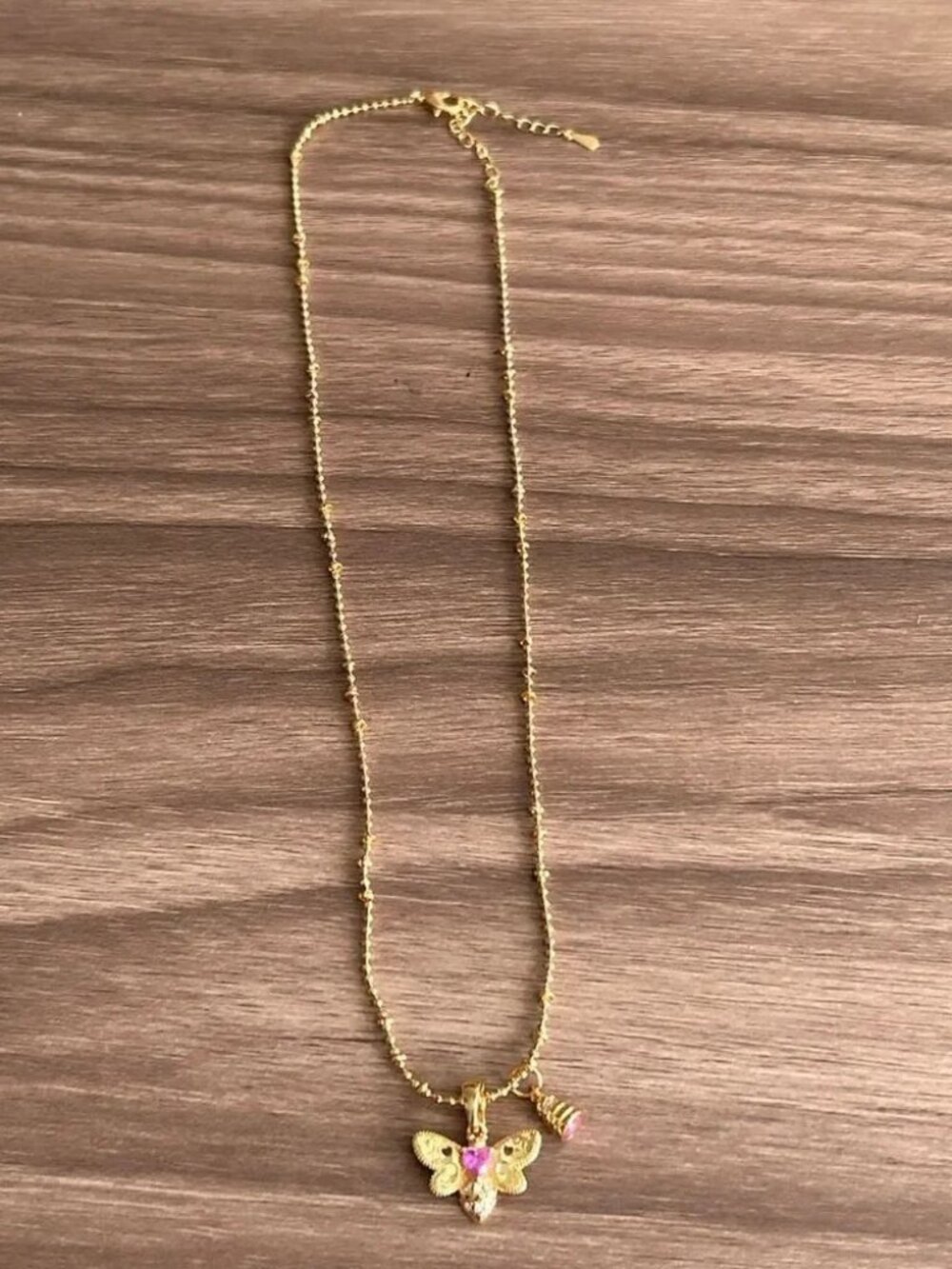 Gold and Pink Butterfly Necklace Q486